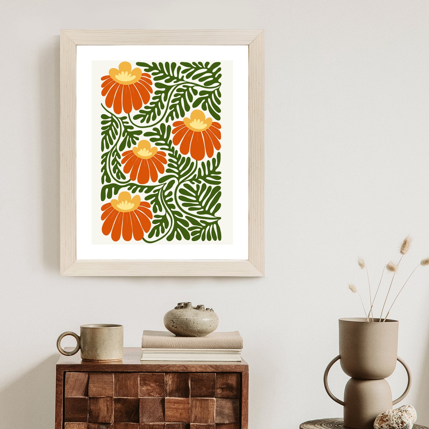 Poster Rote Blumen Im Stil Von Matisse Rahmen Holz Mit Passepartout Farbe Natürlich