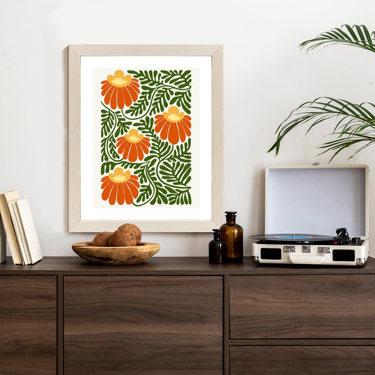 Poster Rote Blumen Im Stil Von Matisse Rahmen Holz Mit Passepartout Farbe Natürlich