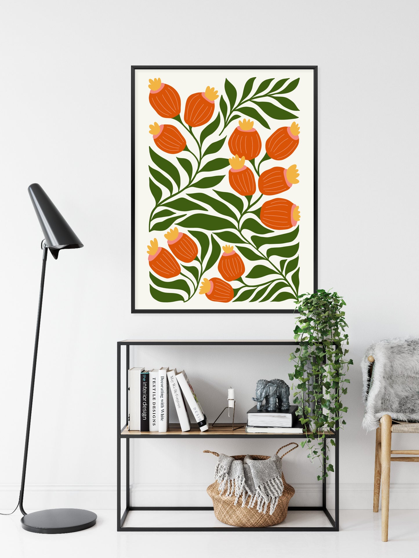 Poster Minimalistische Rote Blumen Und Grüne Blätter