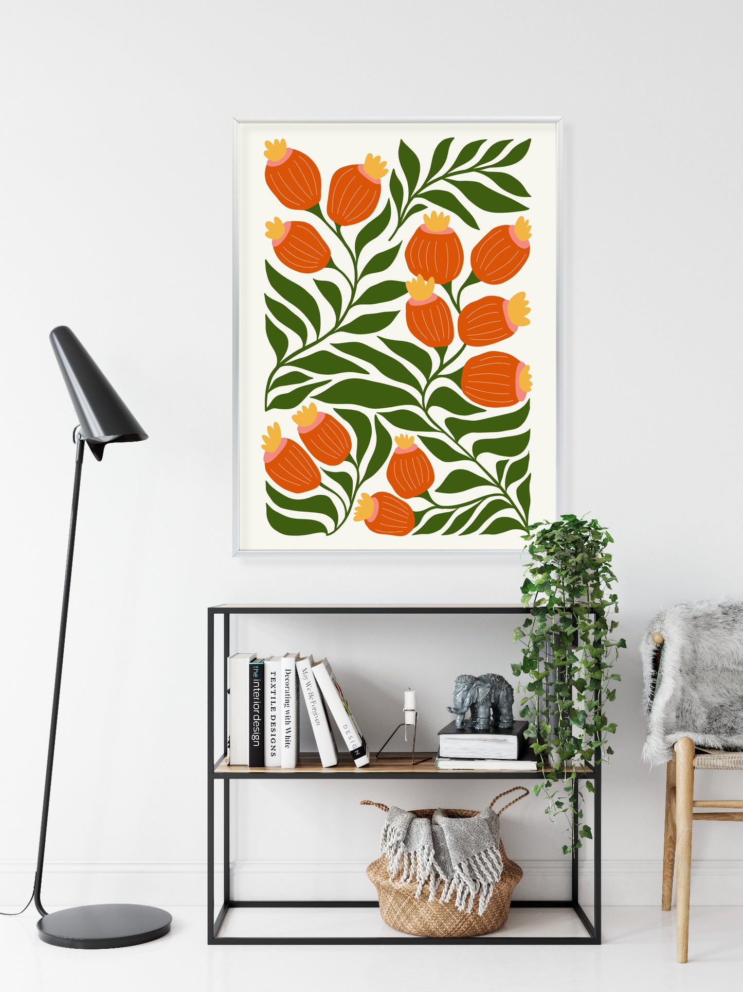 Poster Minimalistische Rote Blumen Und Grüne Blätter