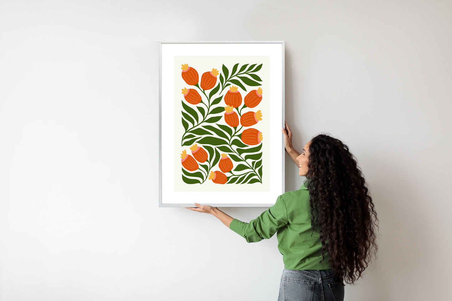 Poster Minimalistische Rote Blumen Und Grüne Blätter