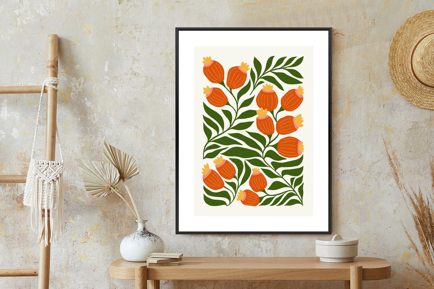 Poster Minimalistische Rote Blumen Und Grüne Blätter