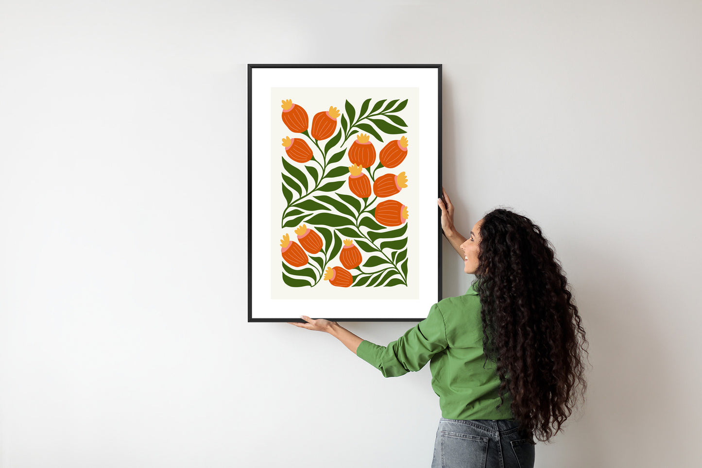 Poster Minimalistische Rote Blumen Und Grüne Blätter