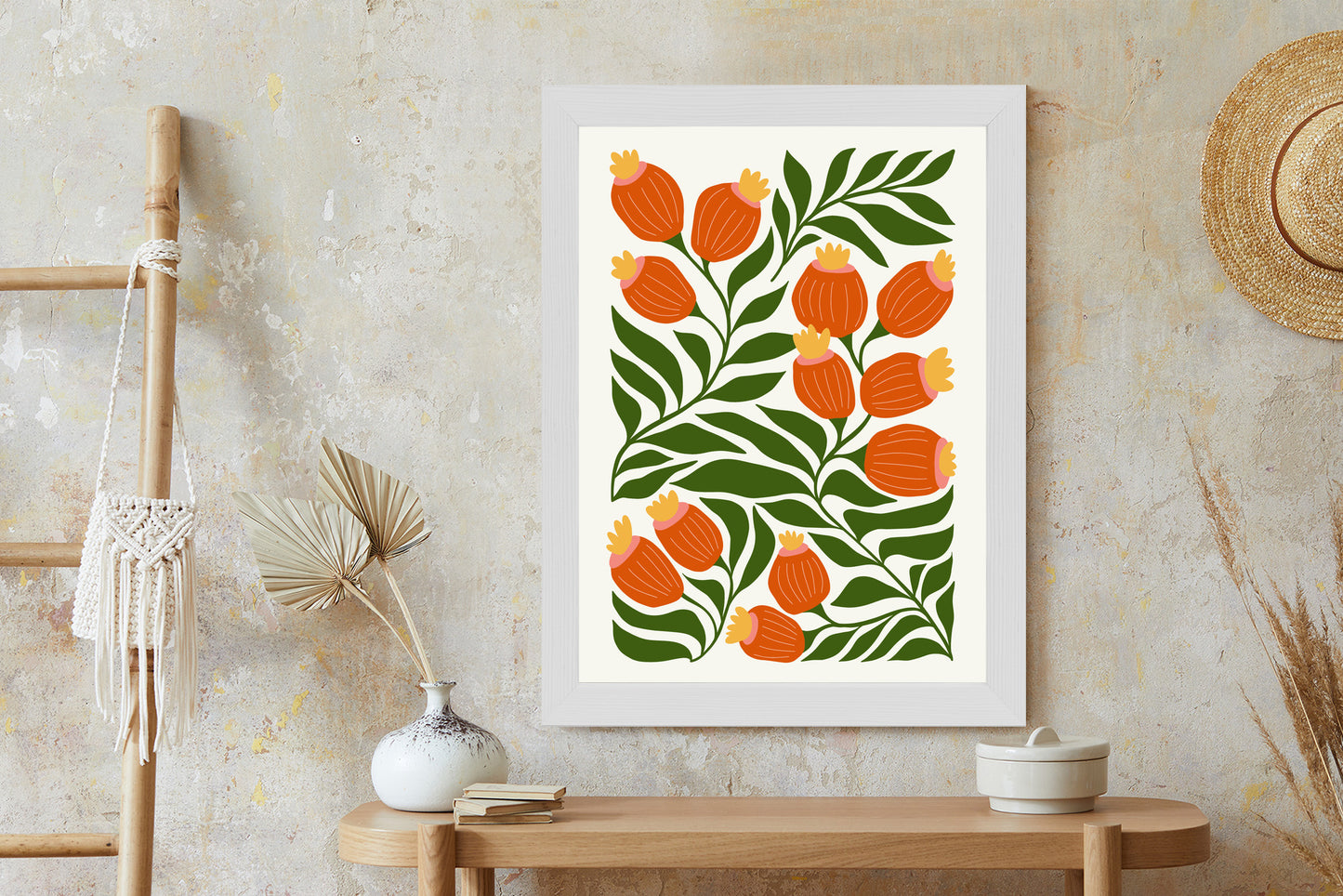 Poster Minimalistische Rote Blumen Und Grüne Blätter