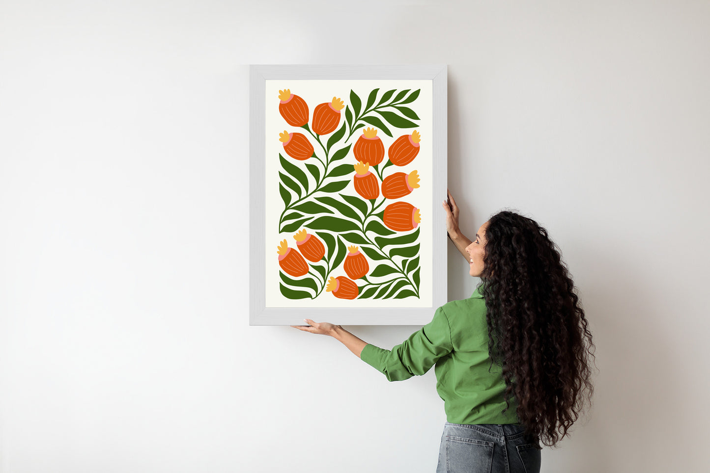 Poster Minimalistische Rote Blumen Und Grüne Blätter