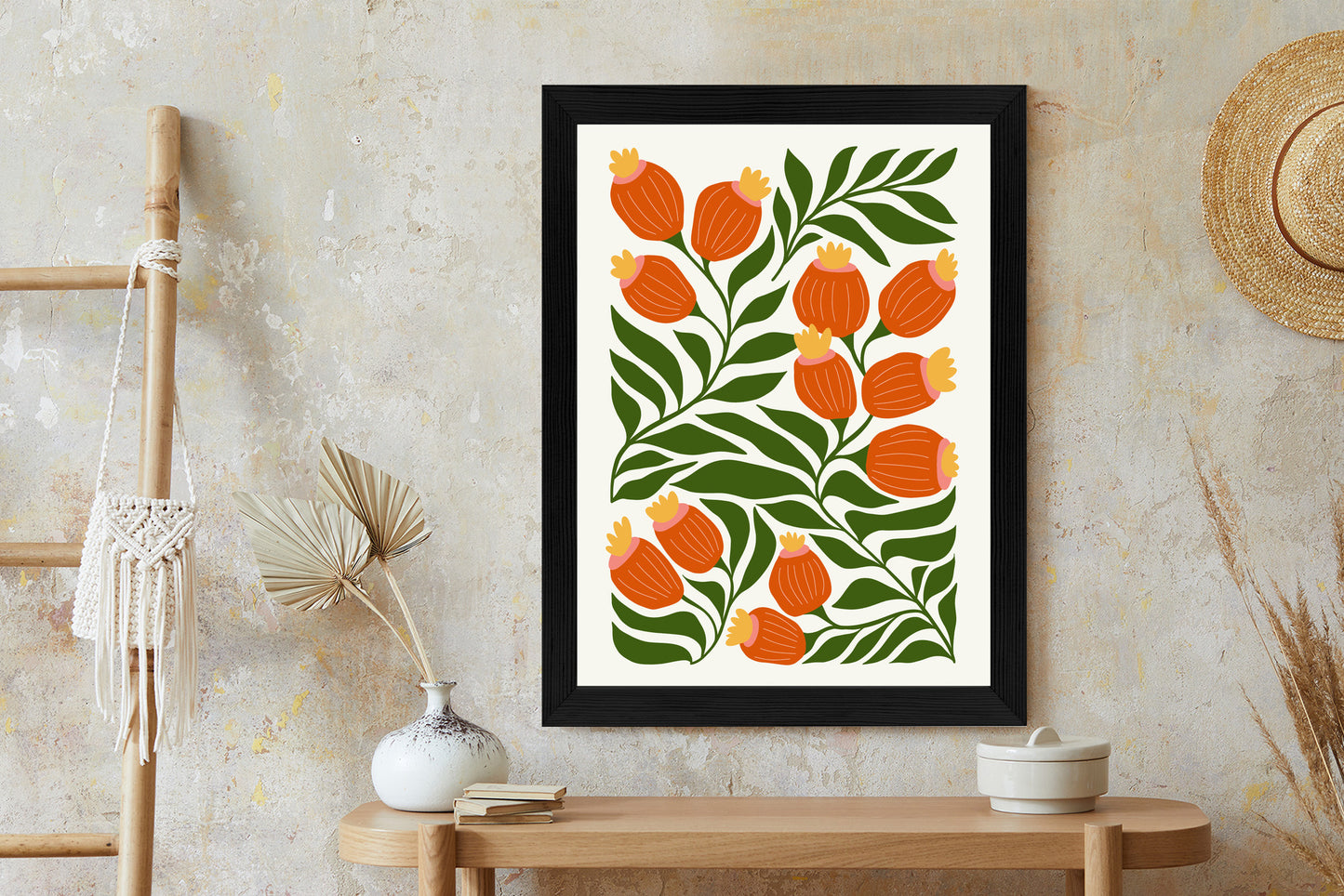 Poster Minimalistische Rote Blumen Und Grüne Blätter