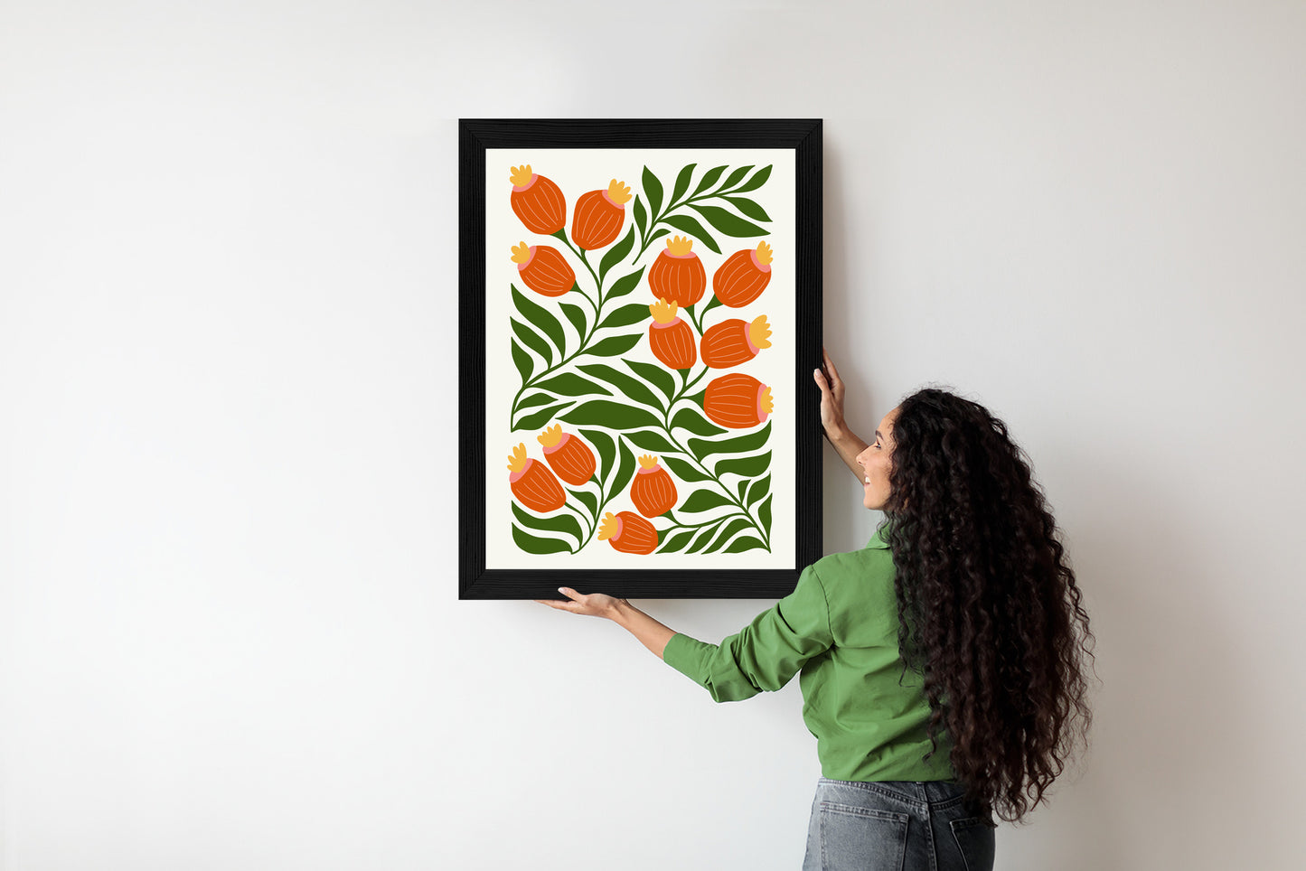 Poster Minimalistische Rote Blumen Und Grüne Blätter
