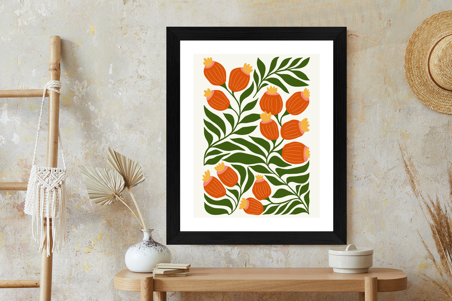 Poster Minimalistische Rote Blumen Und Grüne Blätter