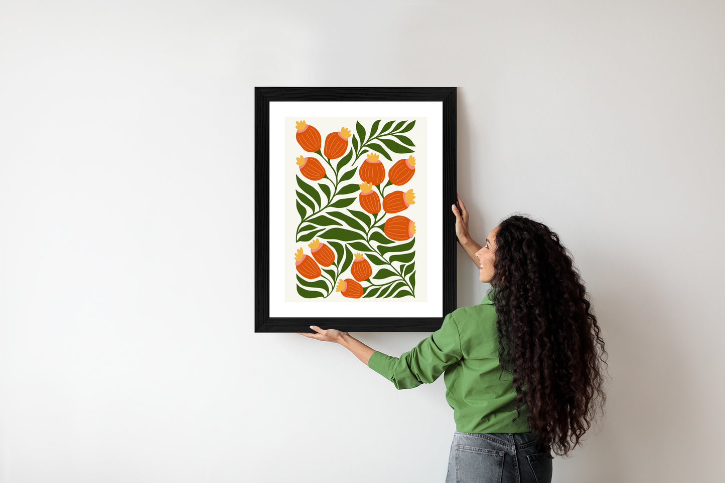 Poster Minimalistische Rote Blumen Und Grüne Blätter