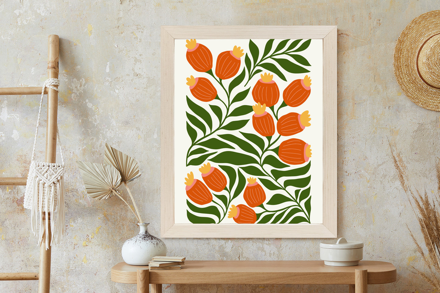 Poster Minimalistische Rote Blumen Und Grüne Blätter