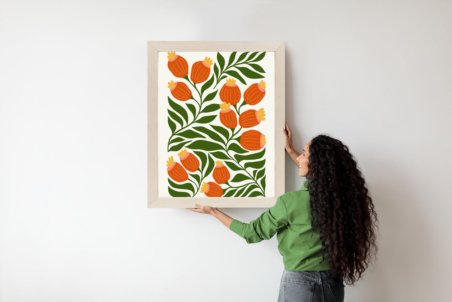 Poster Minimalistische Rote Blumen Und Grüne Blätter