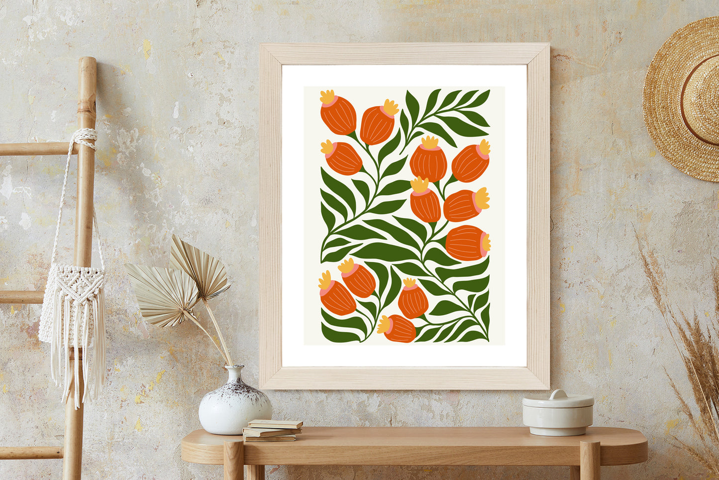 Poster Minimalistische Rote Blumen Und Grüne Blätter