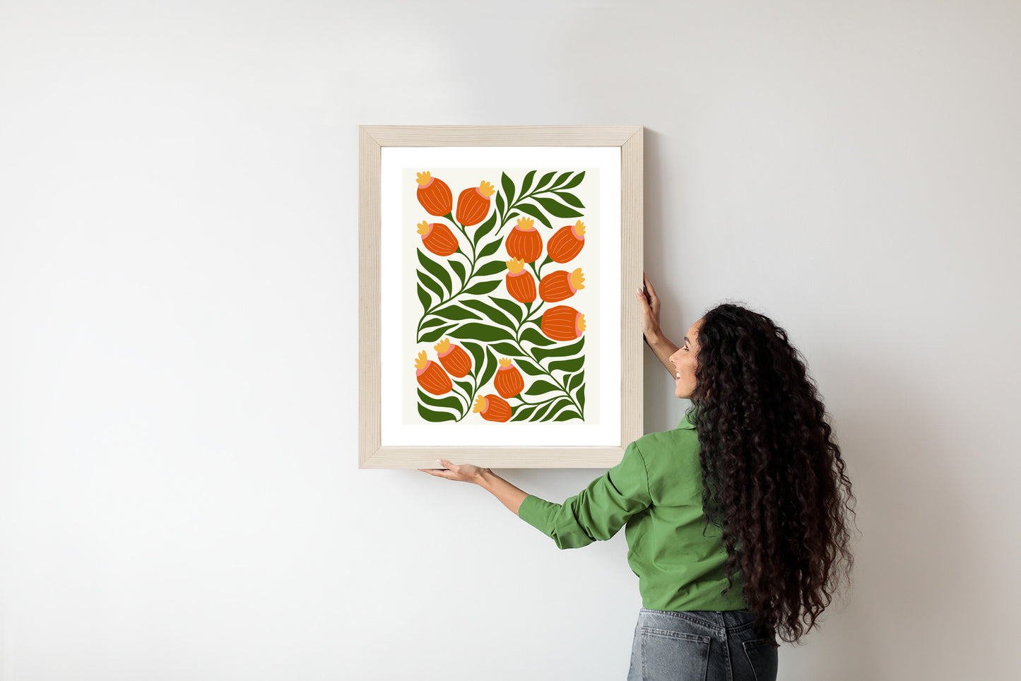 Poster Minimalistische Rote Blumen Und Grüne Blätter