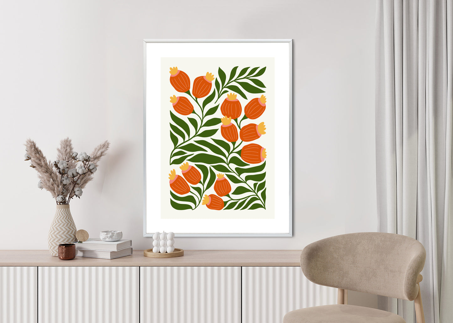 Poster Minimalistische Rote Blumen Und Grüne Blätter