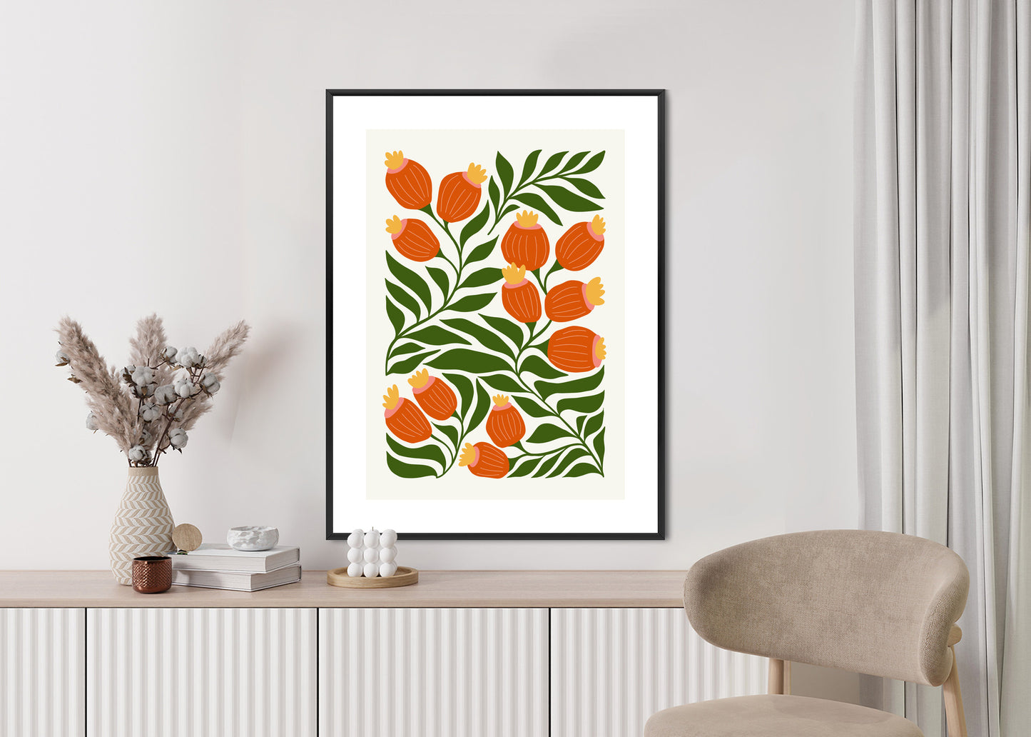 Poster Minimalistische Rote Blumen Und Grüne Blätter