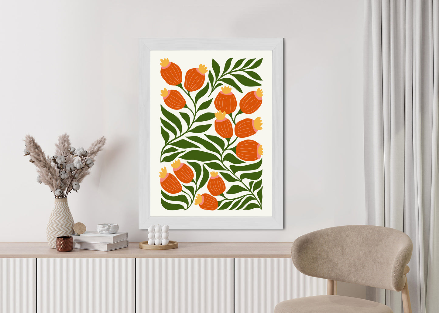 Poster Minimalistische Rote Blumen Und Grüne Blätter