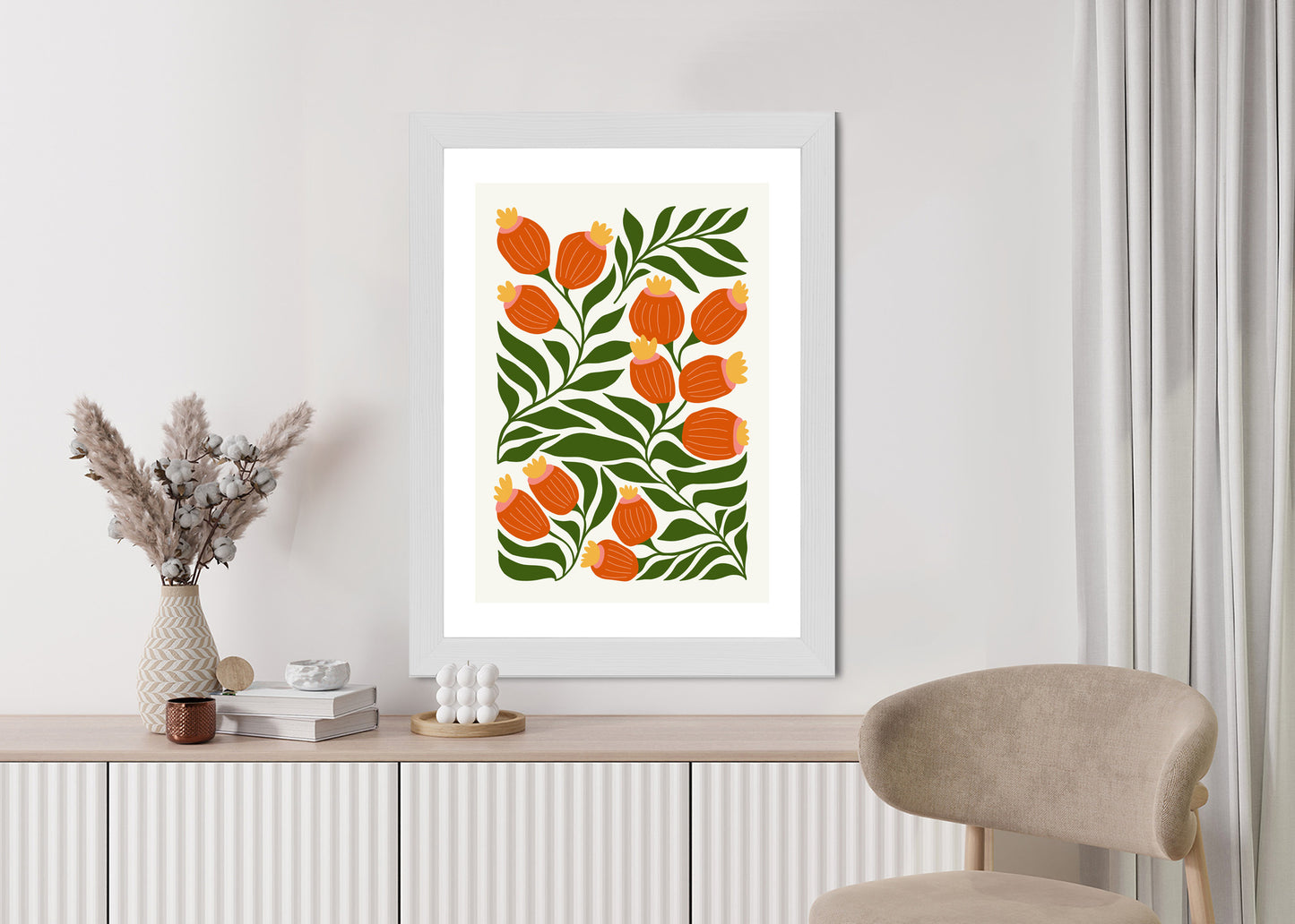 Poster Minimalistische Rote Blumen Und Grüne Blätter