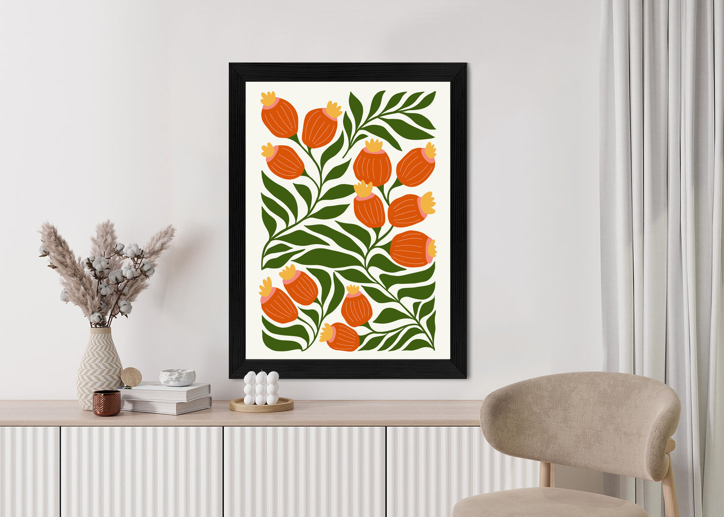 Poster Minimalistische Rote Blumen Und Grüne Blätter