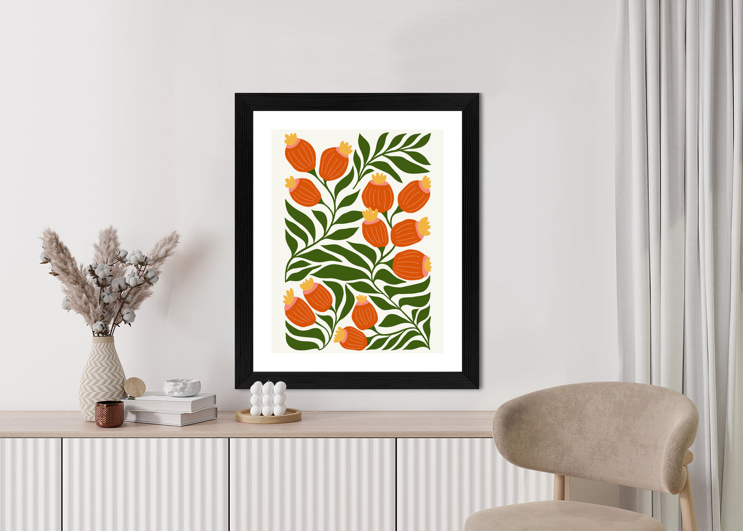 Poster Minimalistische Rote Blumen Und Grüne Blätter