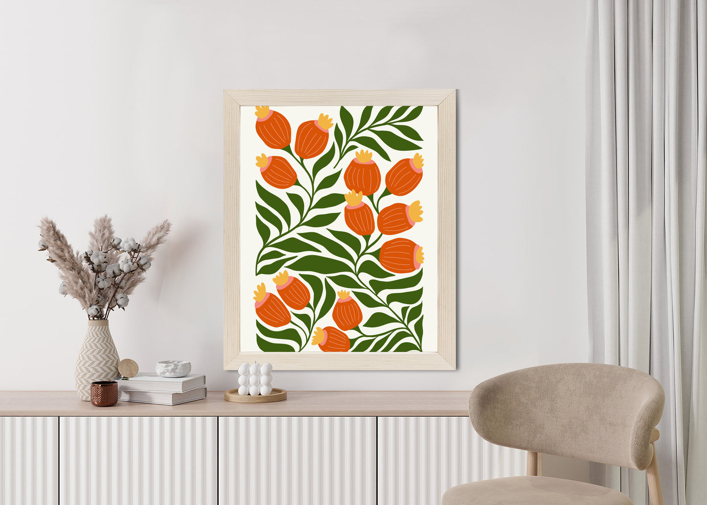 Poster Minimalistische Rote Blumen Und Grüne Blätter
