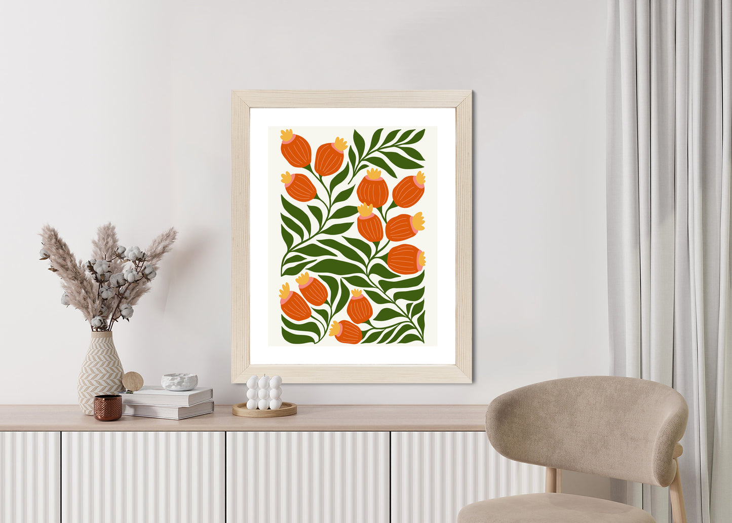 Poster Minimalistische Rote Blumen Und Grüne Blätter