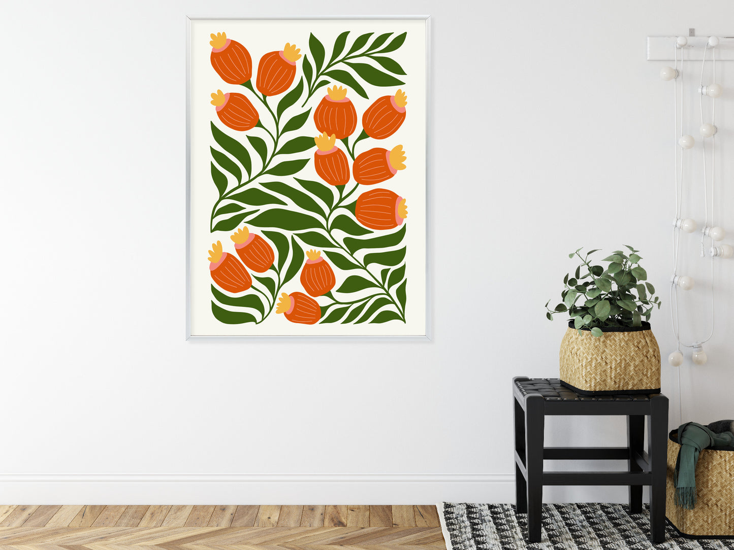 Poster Minimalistische Rote Blumen Und Grüne Blätter