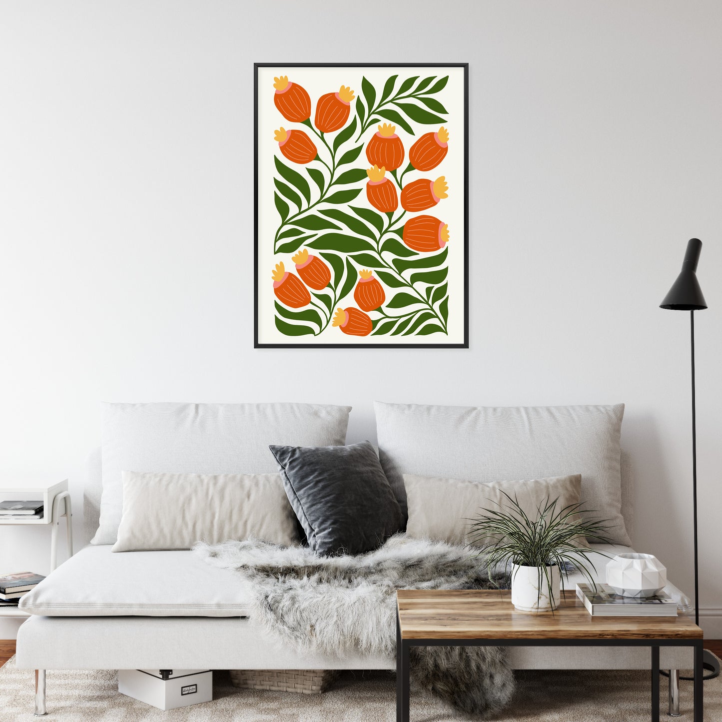 Poster Minimalistische Rote Blumen Und Grüne Blätter