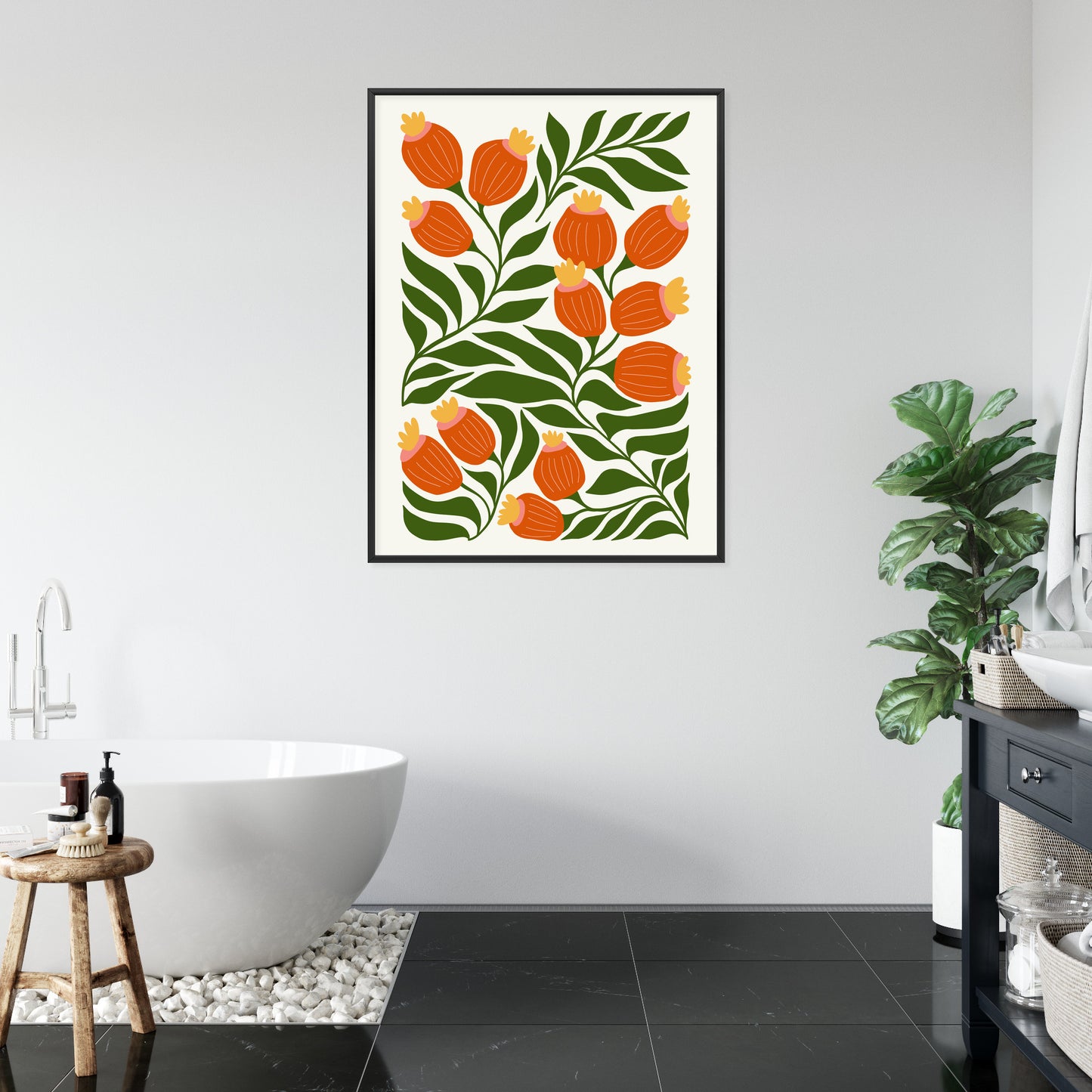 Poster Minimalistische Rote Blumen Und Grüne Blätter