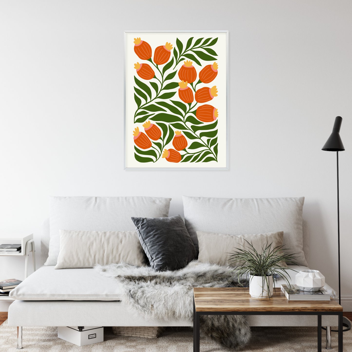 Poster Minimalistische Rote Blumen Und Grüne Blätter