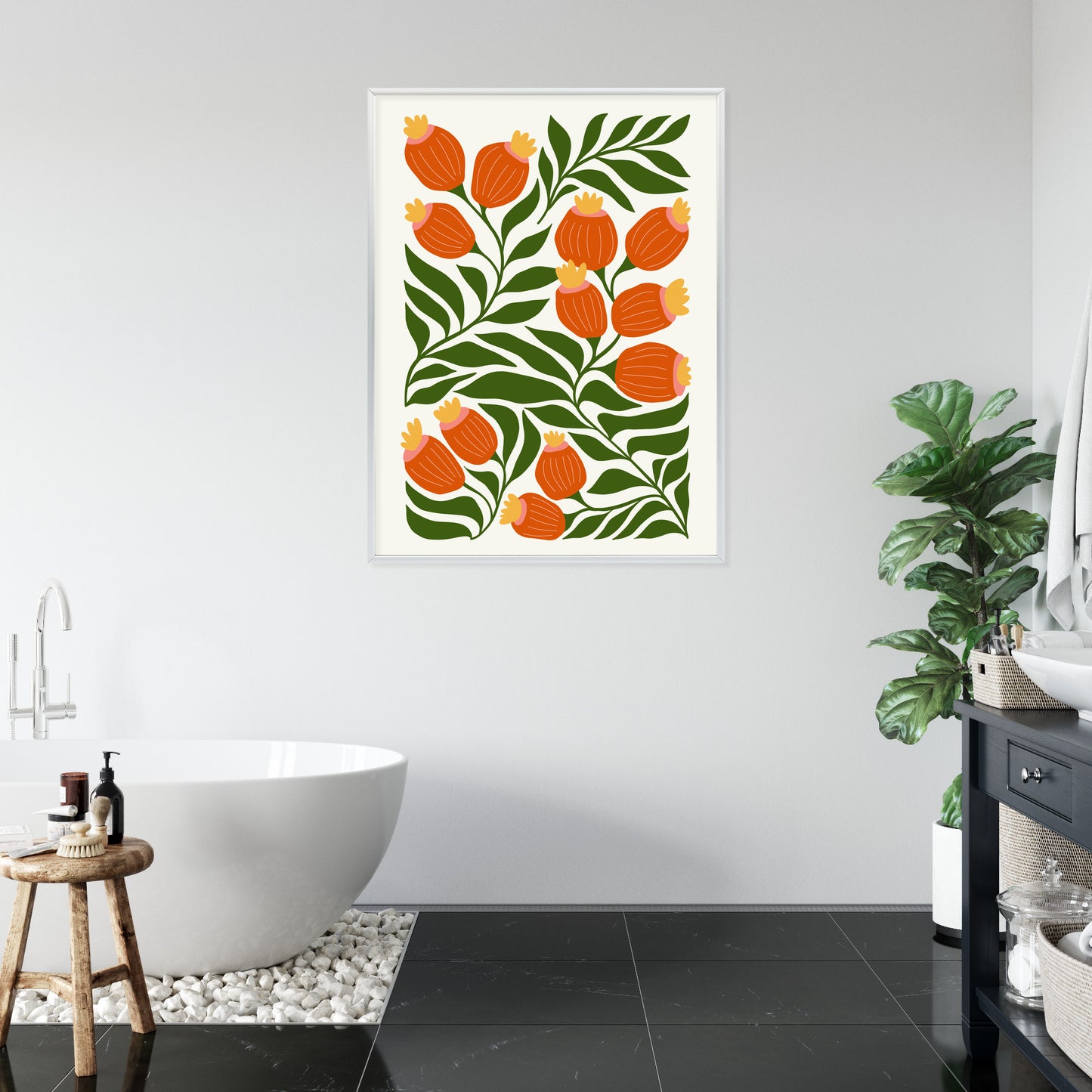 Poster Minimalistische Rote Blumen Und Grüne Blätter
