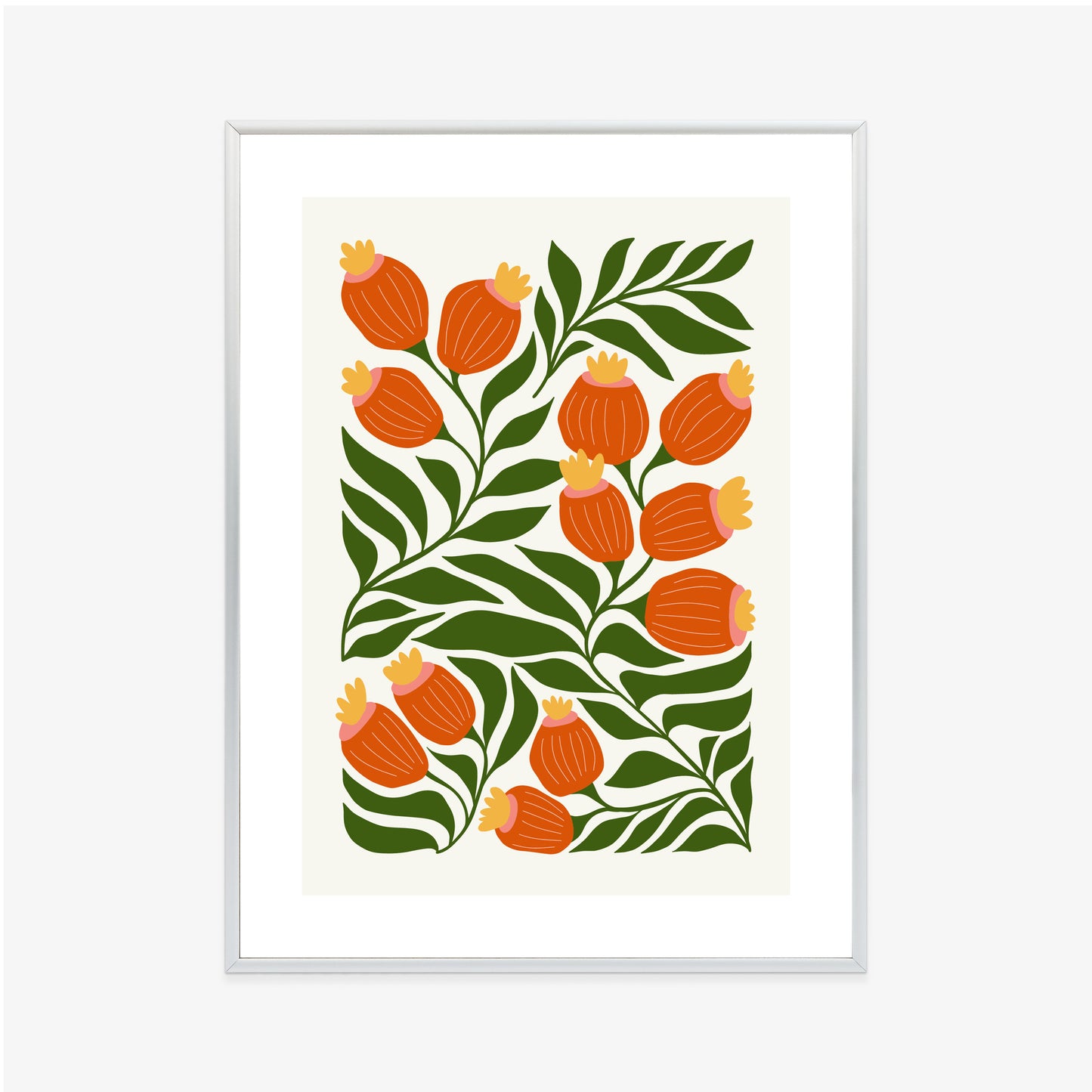 Poster Minimalistische Rote Blumen Und Grüne Blätter