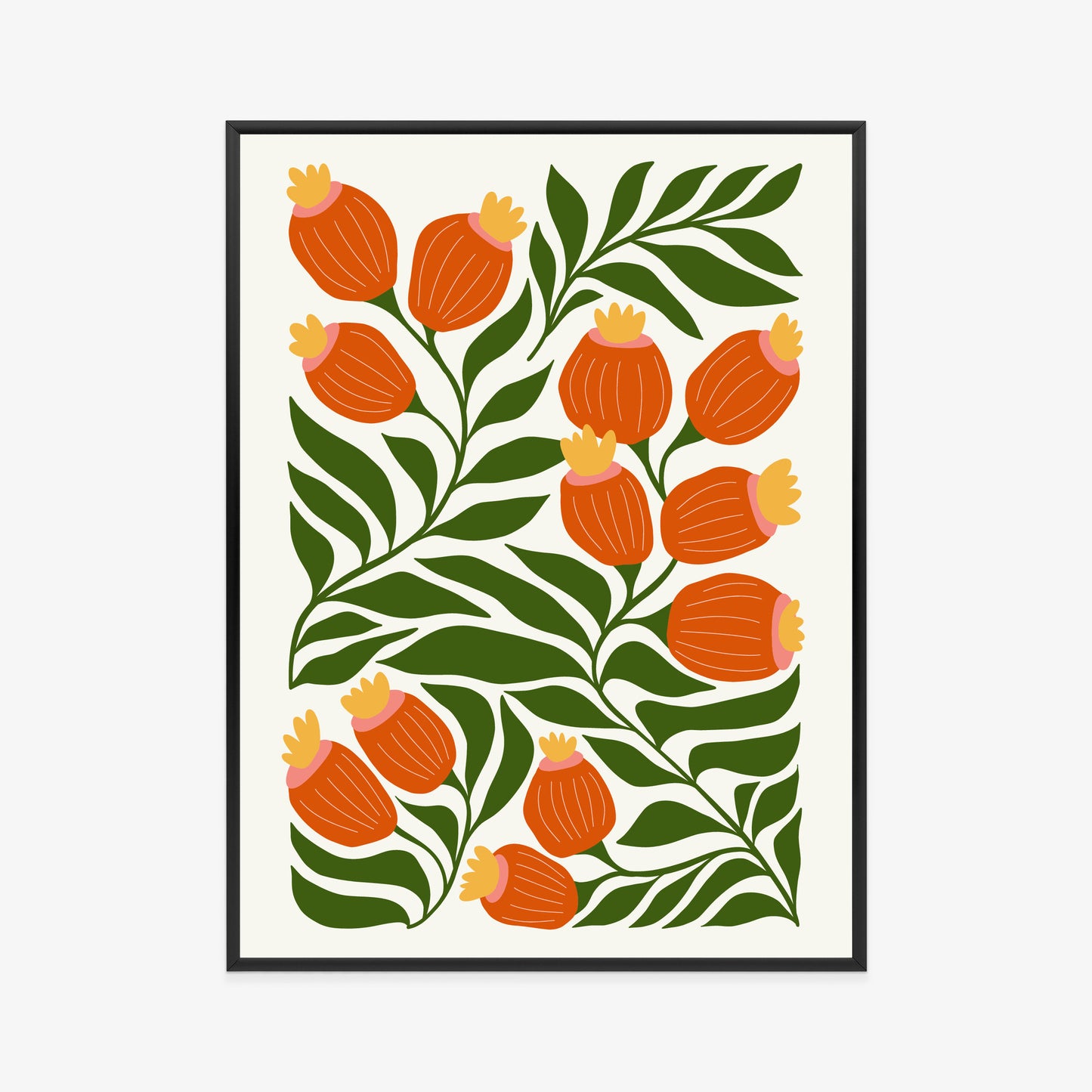 Poster Minimalistische Rote Blumen Und Grüne Blätter