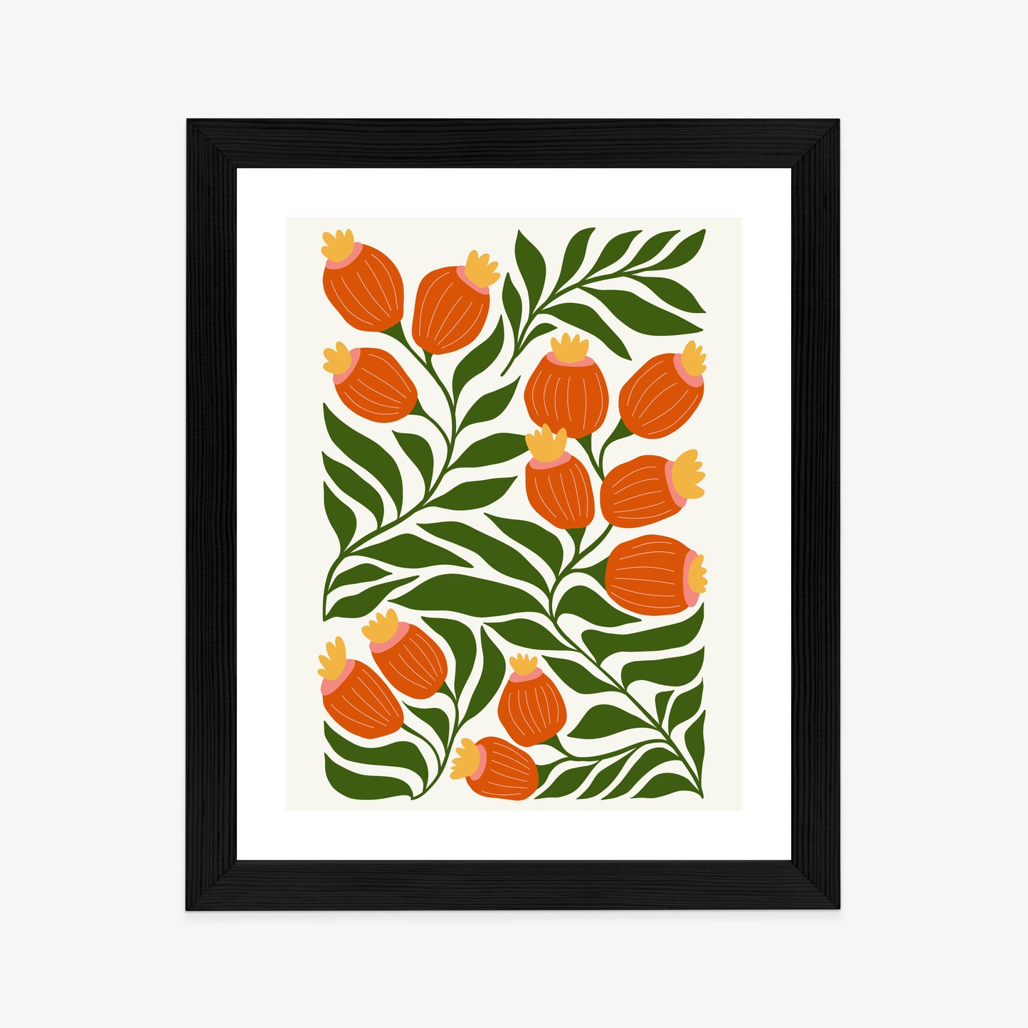 Poster Minimalistische Rote Blumen Und Grüne Blätter