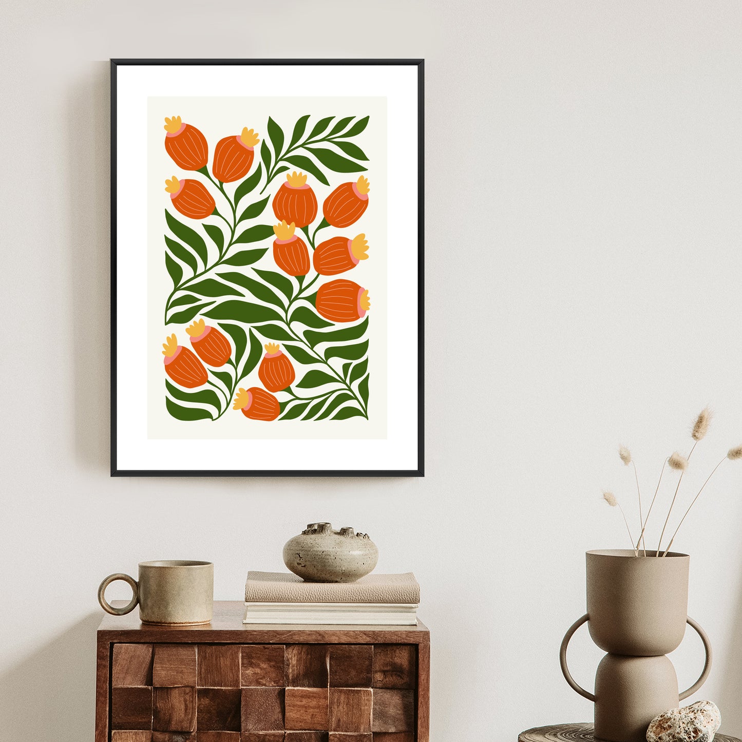Poster Minimalistische Rote Blumen Und Grüne Blätter