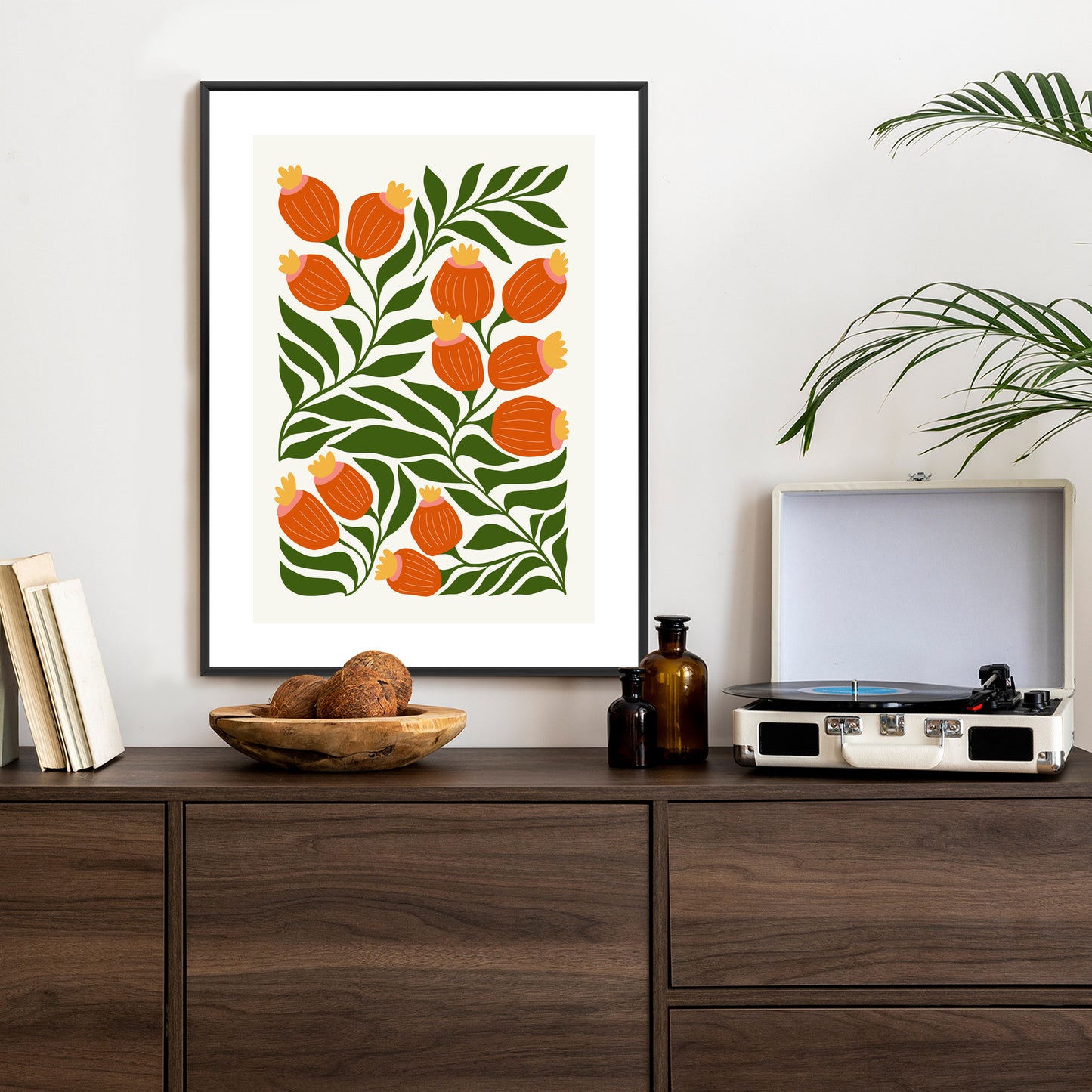 Poster Minimalistische Rote Blumen Und Grüne Blätter