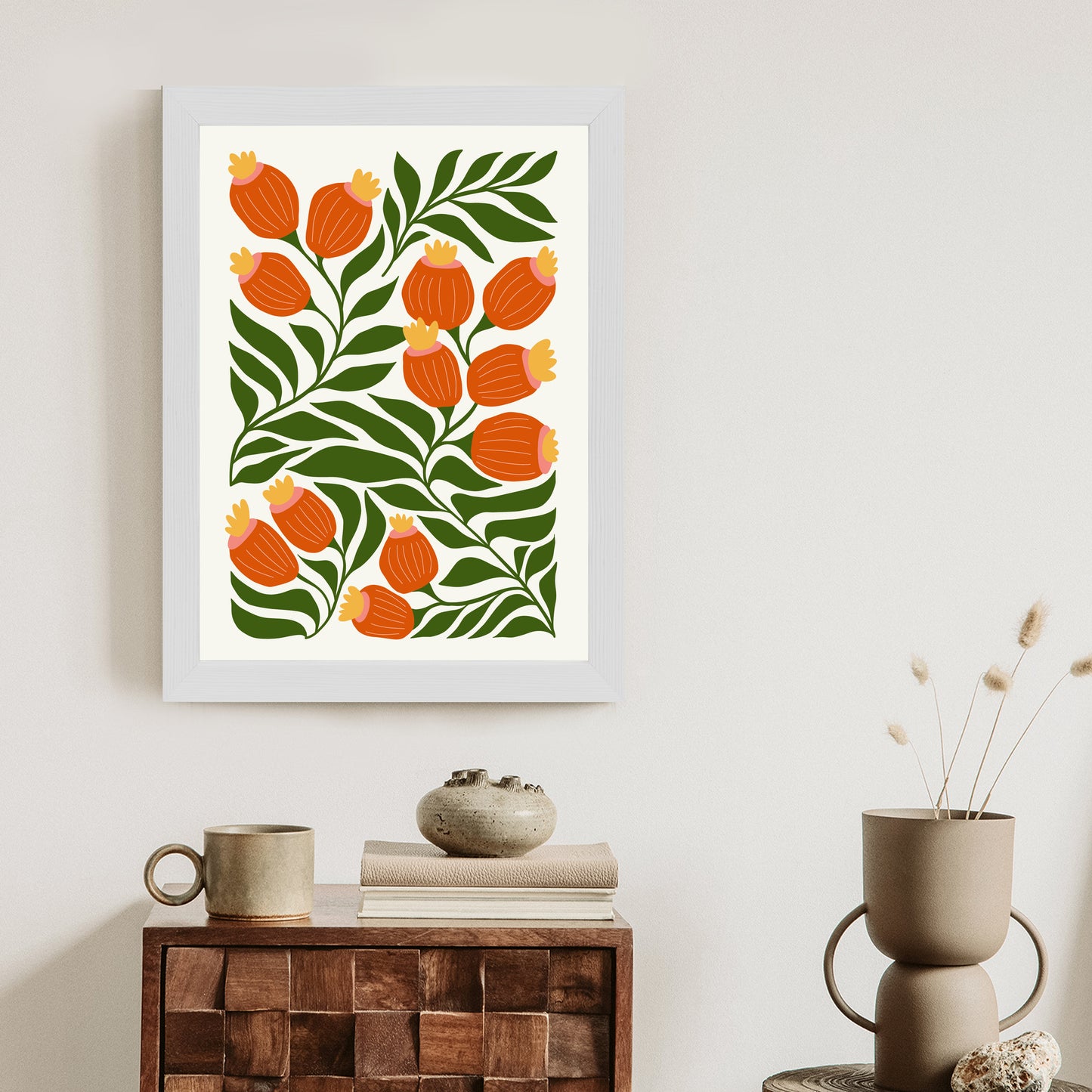Poster Minimalistische Rote Blumen Und Grüne Blätter