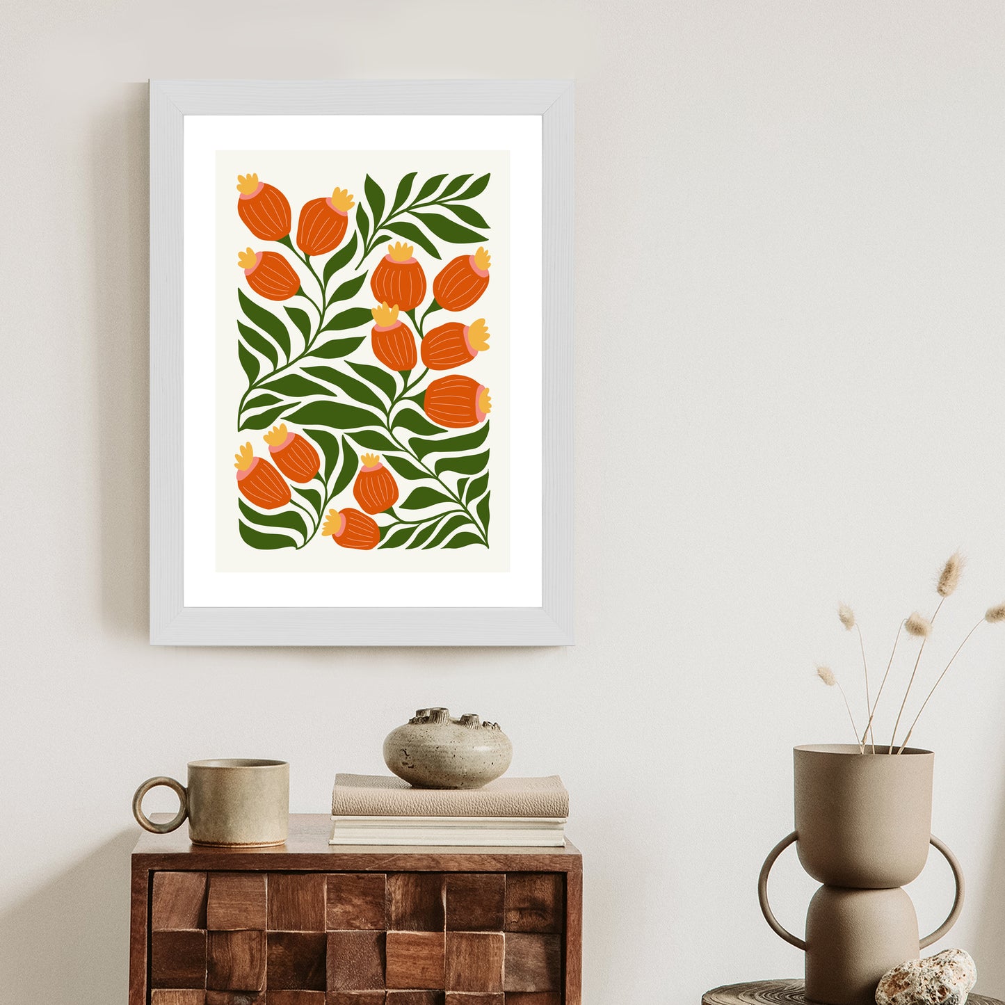 Poster Minimalistische Rote Blumen Und Grüne Blätter