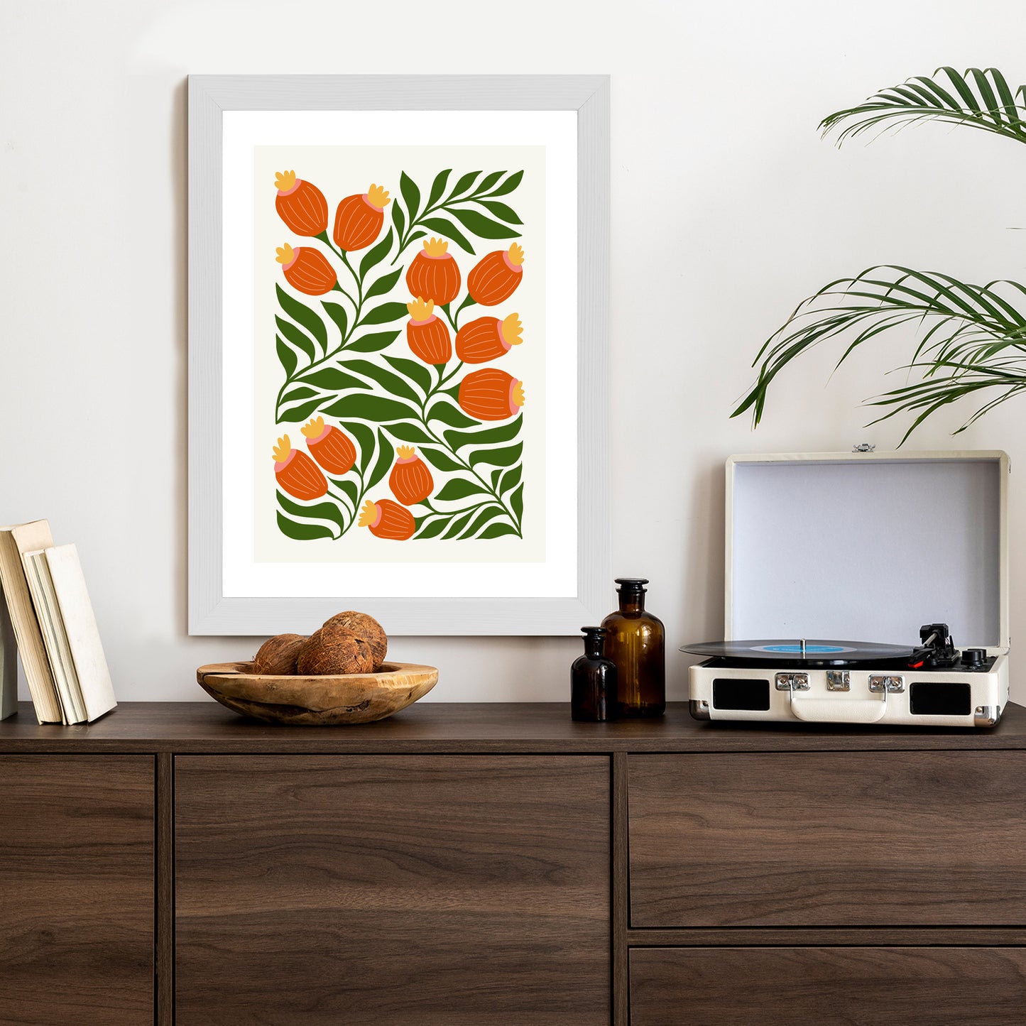 Poster Minimalistische Rote Blumen Und Grüne Blätter