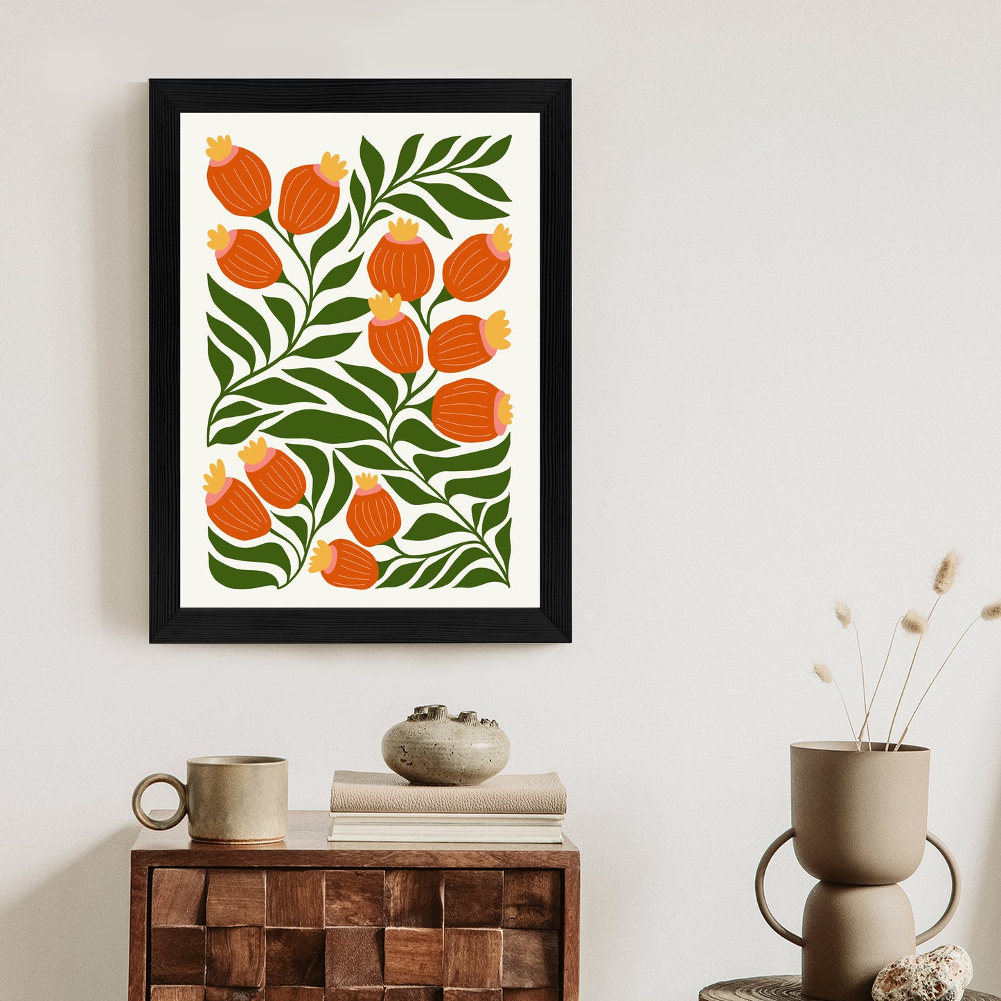 Poster Minimalistische Rote Blumen Und Grüne Blätter