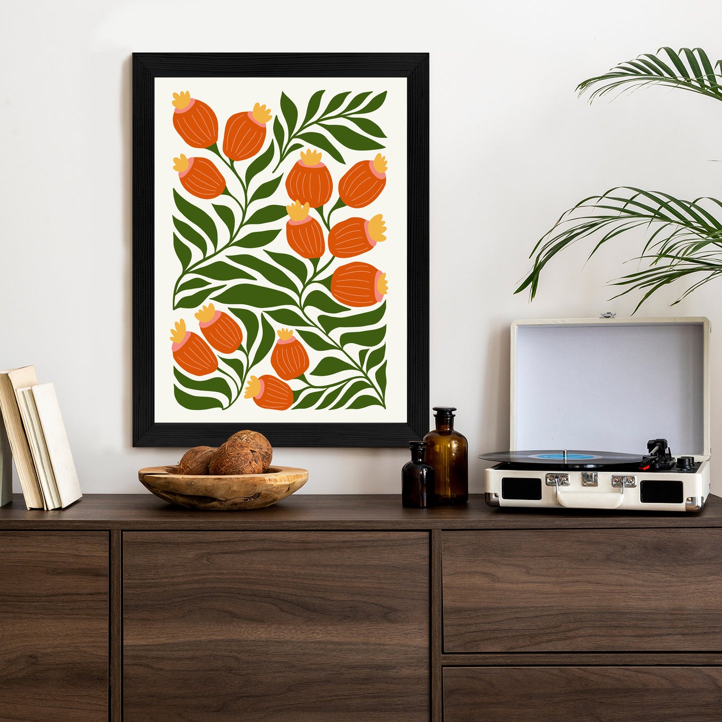 Poster Minimalistische Rote Blumen Und Grüne Blätter