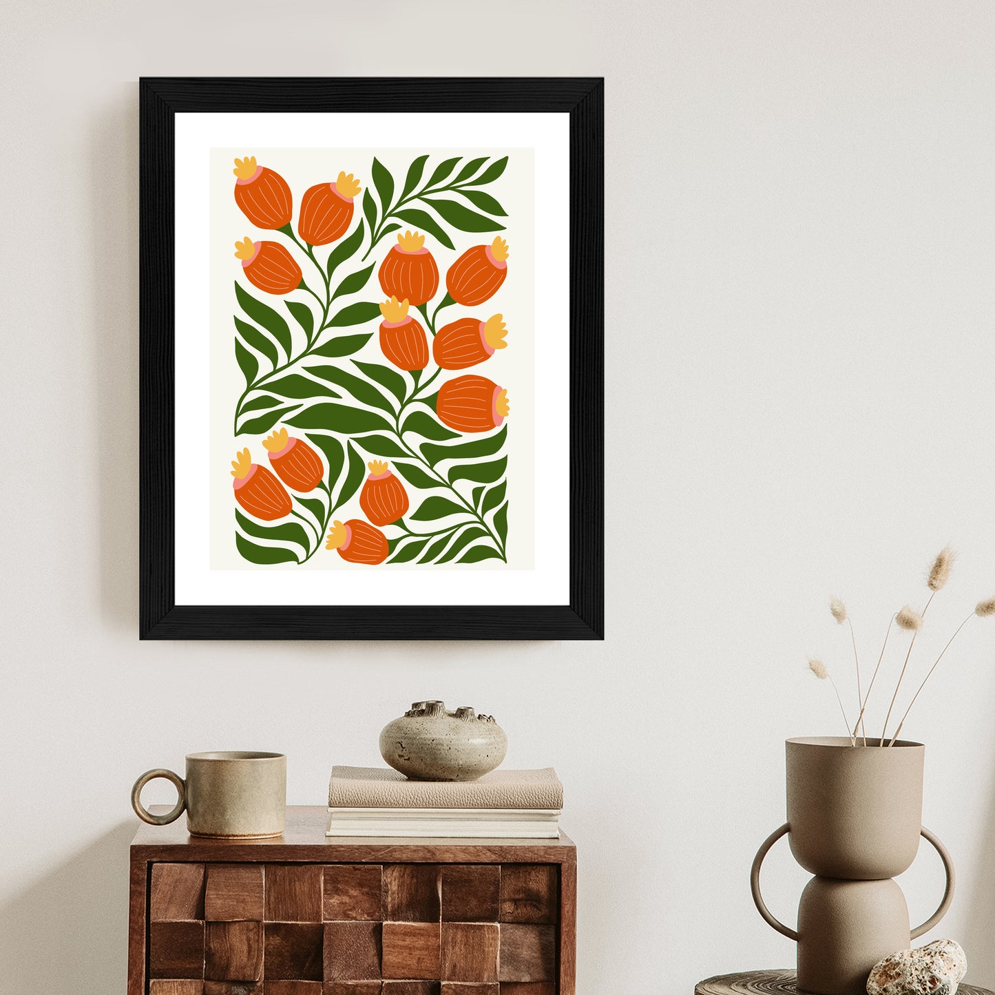 Poster Minimalistische Rote Blumen Und Grüne Blätter