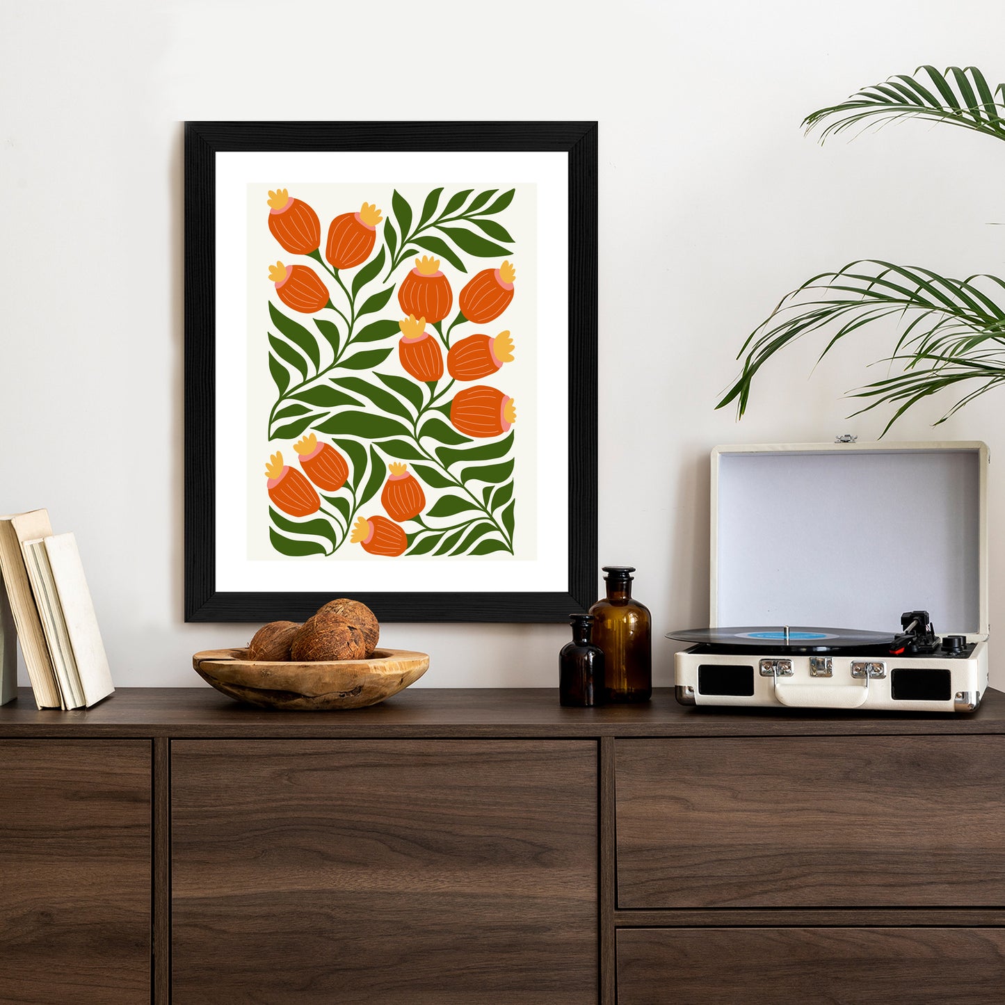 Poster Minimalistische Rote Blumen Und Grüne Blätter