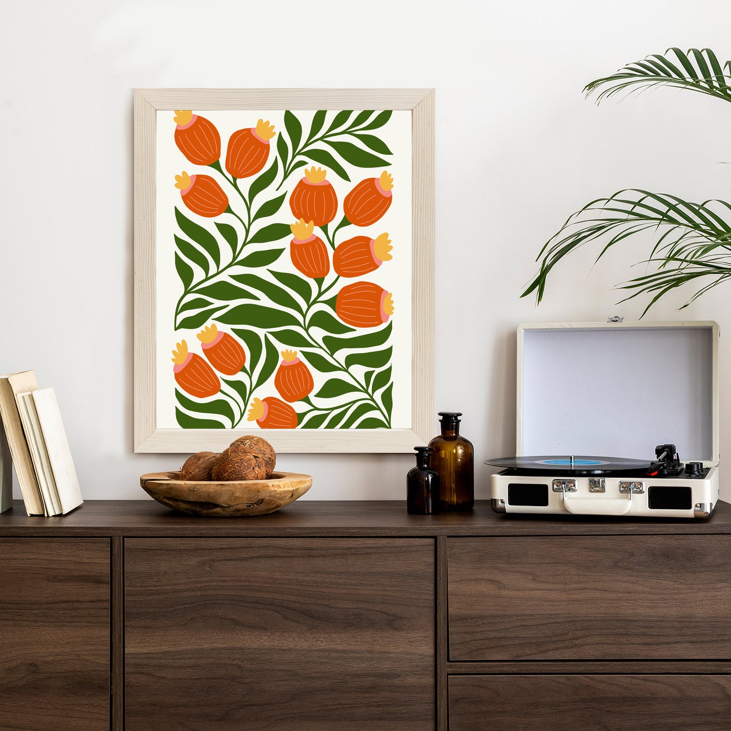 Poster Minimalistische Rote Blumen Und Grüne Blätter