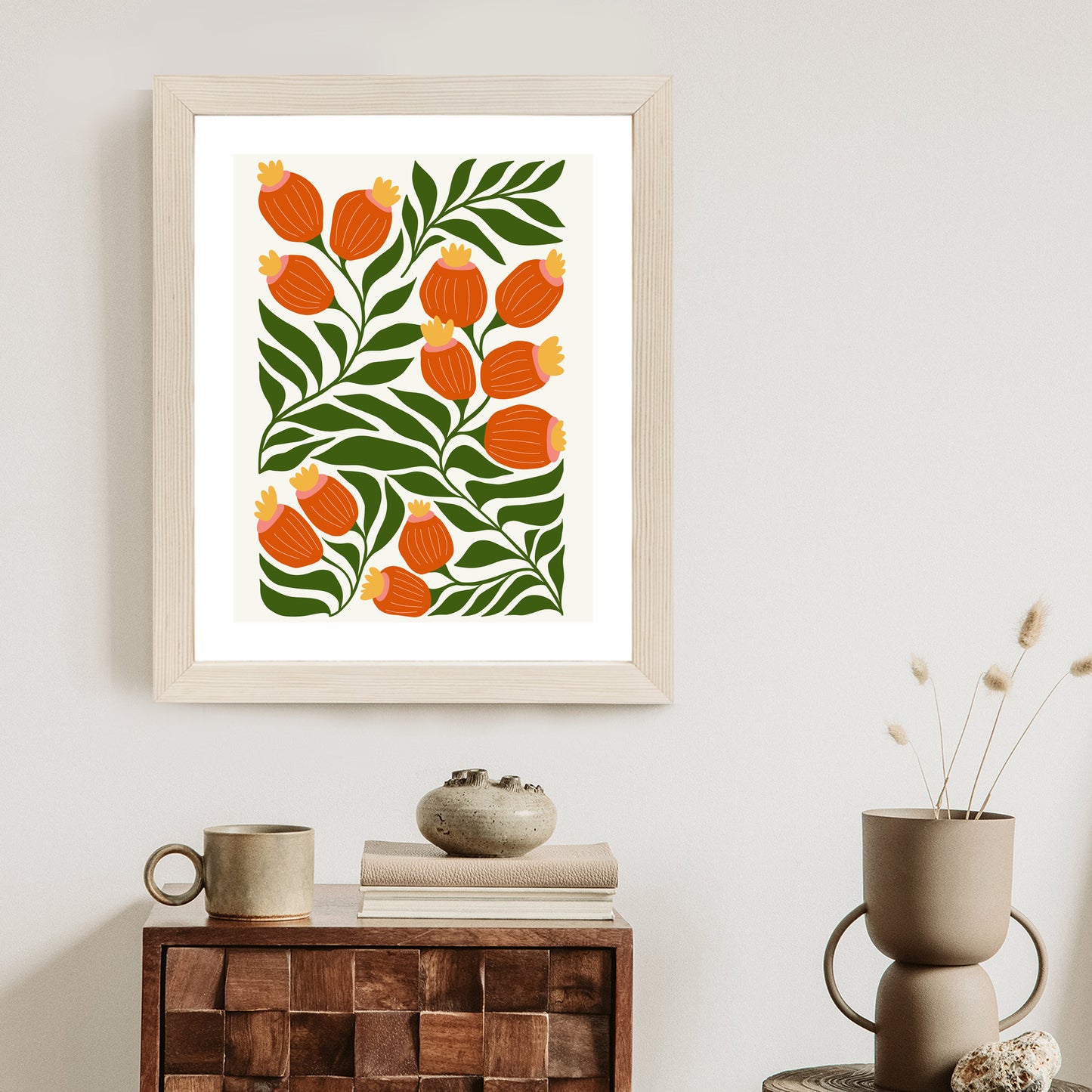 Poster Minimalistische Rote Blumen Und Grüne Blätter