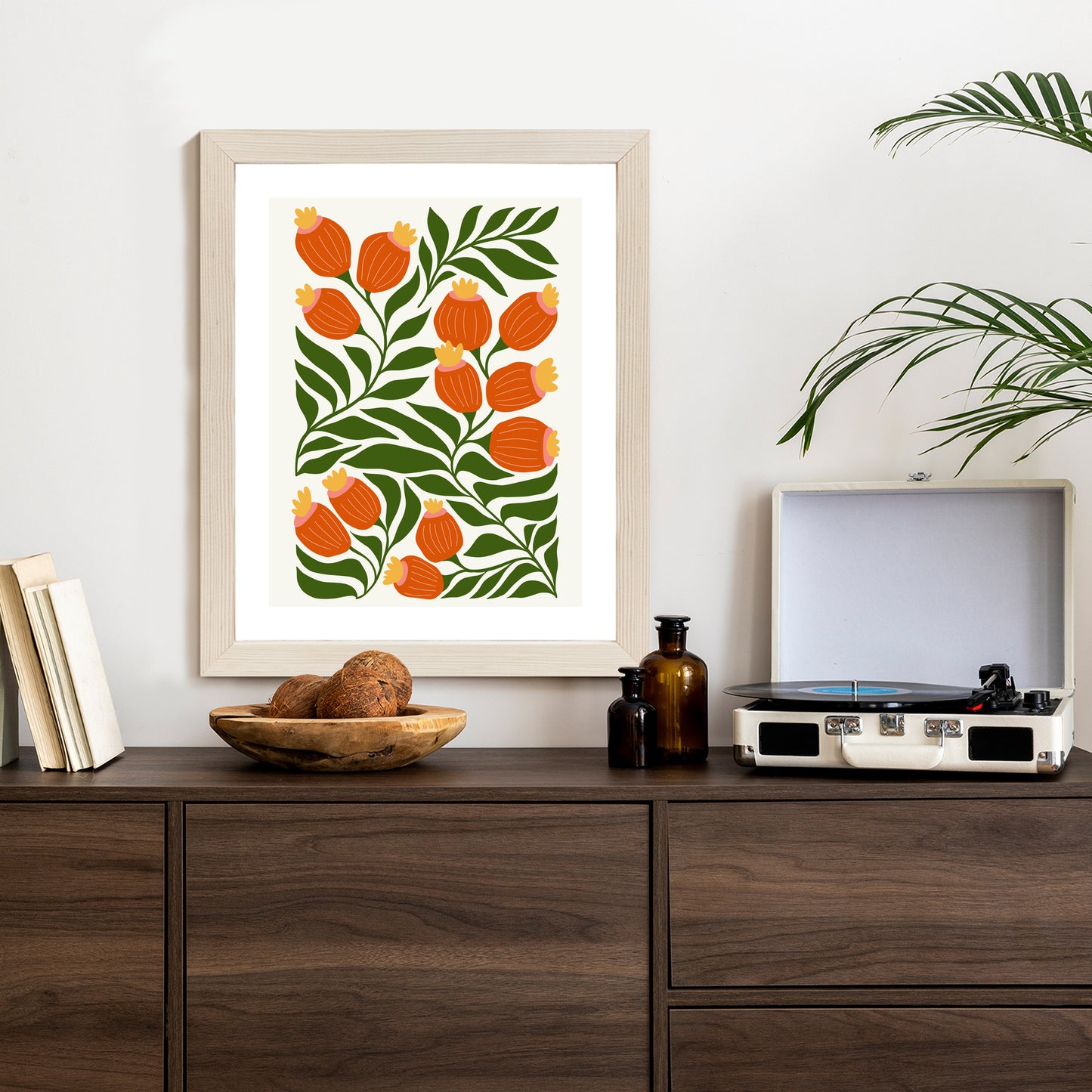 Poster Minimalistische Rote Blumen Und Grüne Blätter