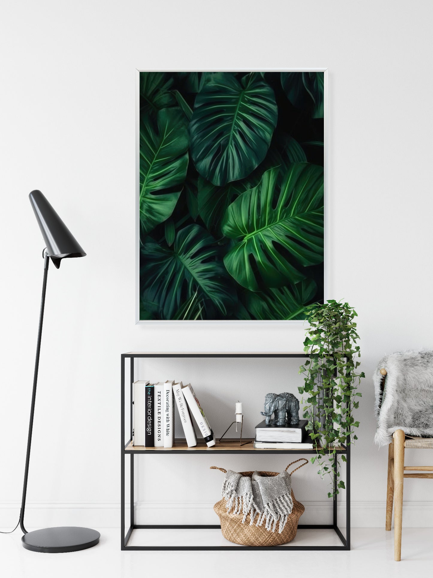 Poster Botanisches Muster Aus Dunkelgrünen Monstera-Blättern Rahmen Holz Mit Passepartout Farbe Natürlich