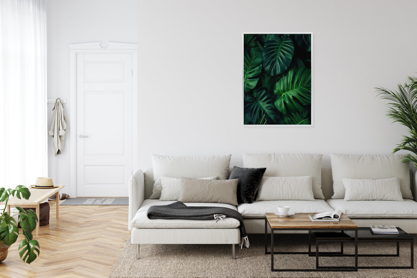 Poster Botanisches Muster Aus Dunkelgrünen Monstera-Blättern Rahmen Holz Mit Passepartout Farbe Natürlich