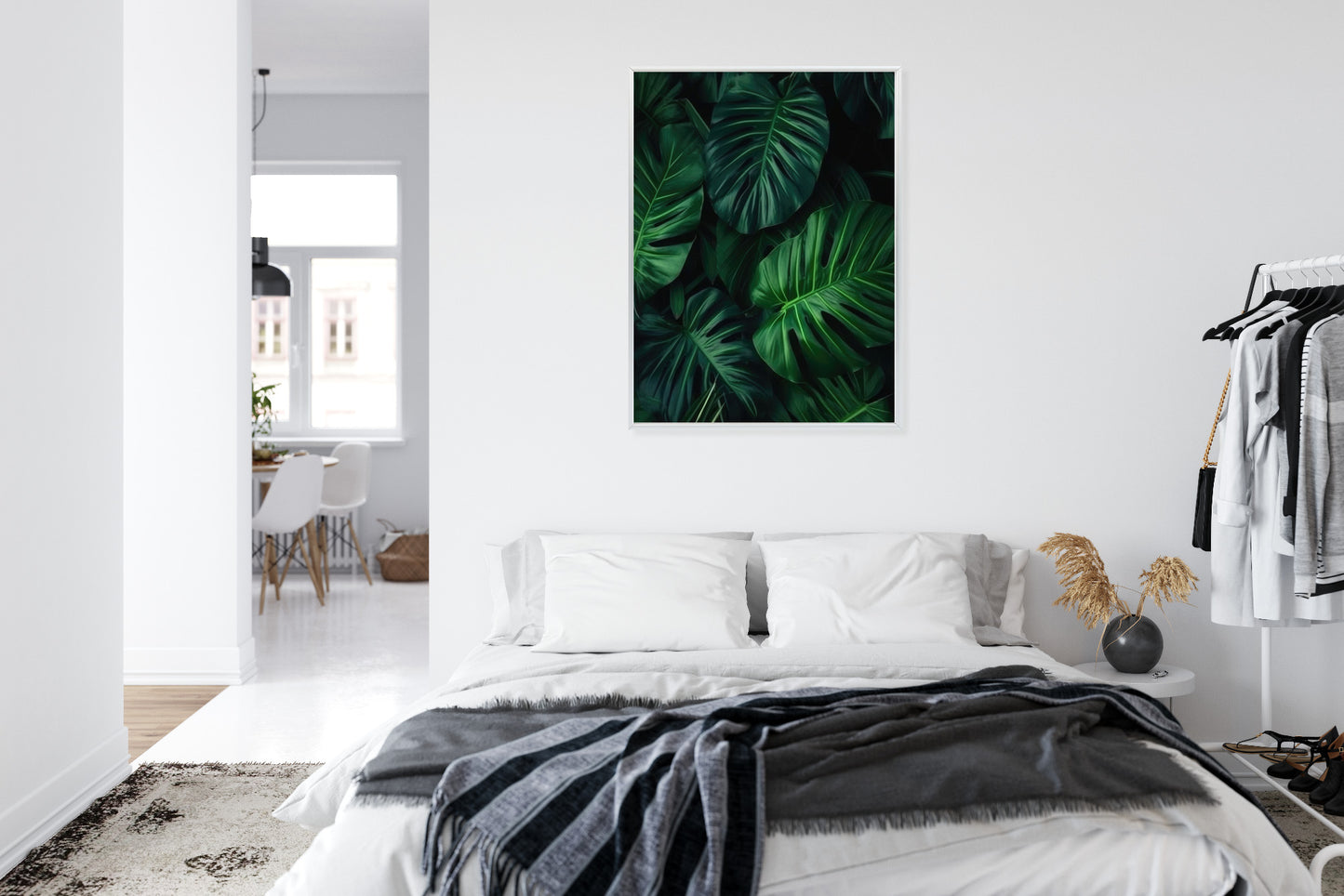 Poster Botanisches Muster Aus Dunkelgrünen Monstera-Blättern Rahmen Holz Mit Passepartout Farbe Natürlich