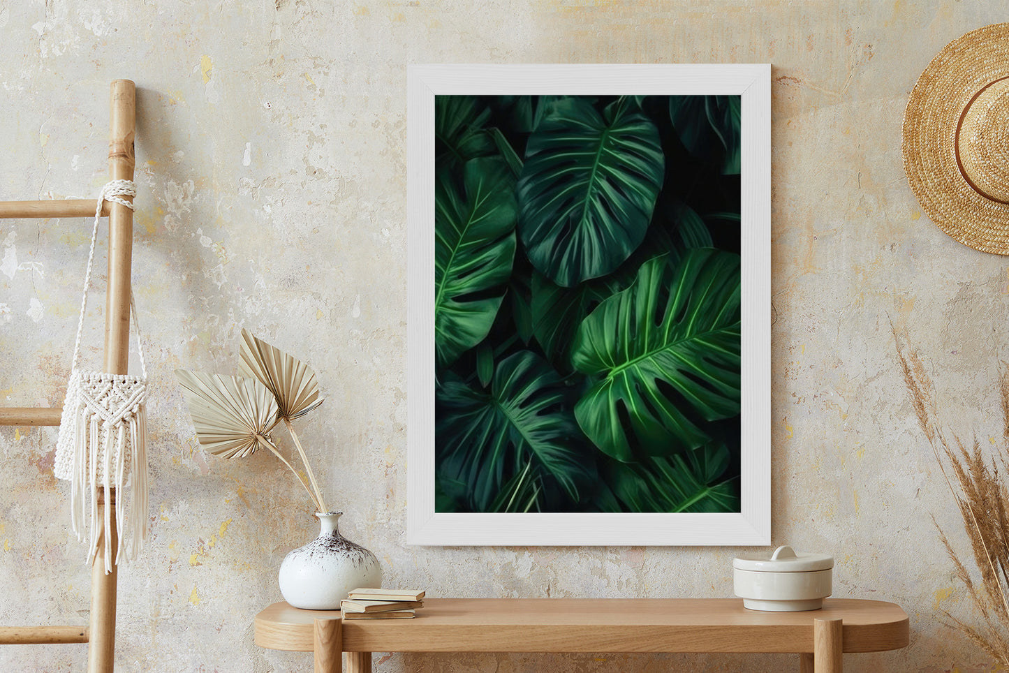 Poster Botanisches Muster Aus Dunkelgrünen Monstera-Blättern Rahmen Holz Mit Passepartout Farbe Natürlich