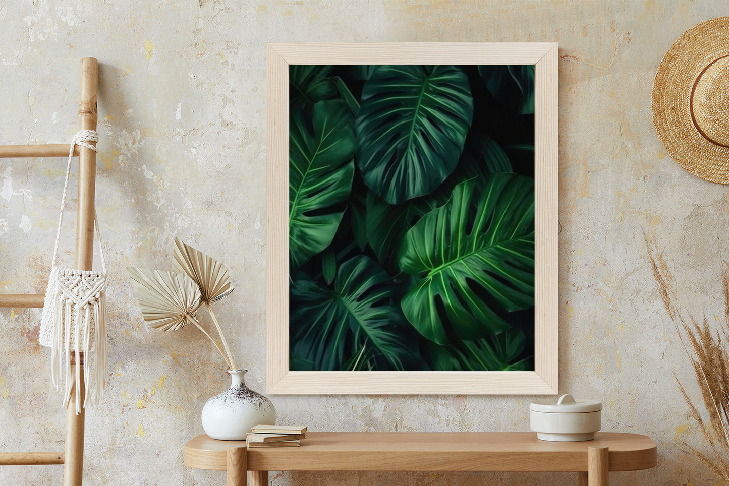 Poster Botanisches Muster Aus Dunkelgrünen Monstera-Blättern Rahmen Holz Mit Passepartout Farbe Natürlich